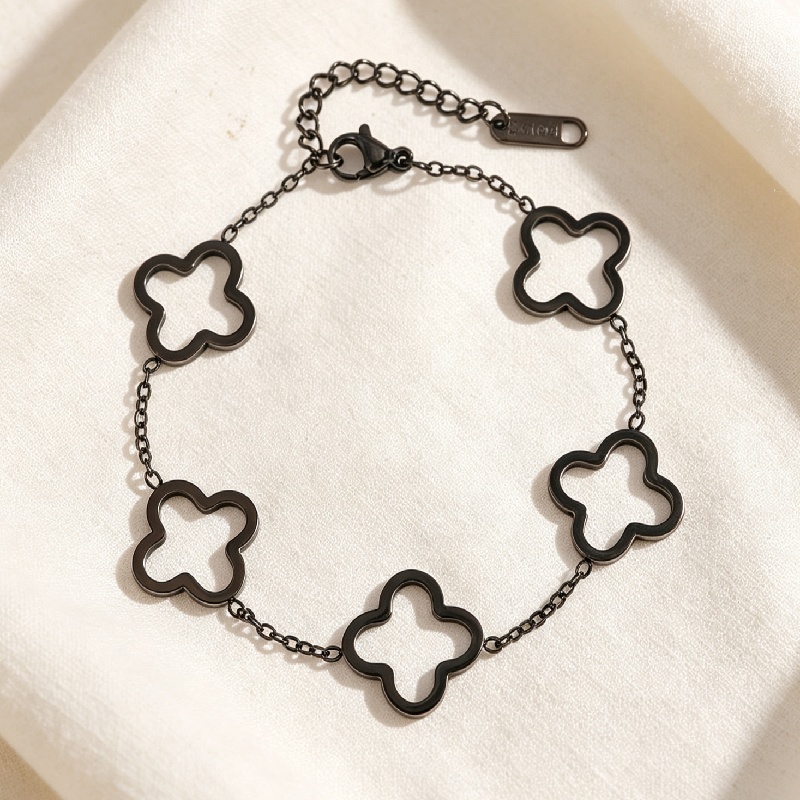 Gothic Dark Stainless Steel Hollow Four Leaf Flower Bracelet